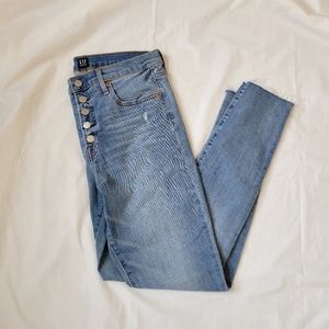 Gap True Skinny High Rise Jeans Women's Size 31 Button Front Distressed Raw Hem